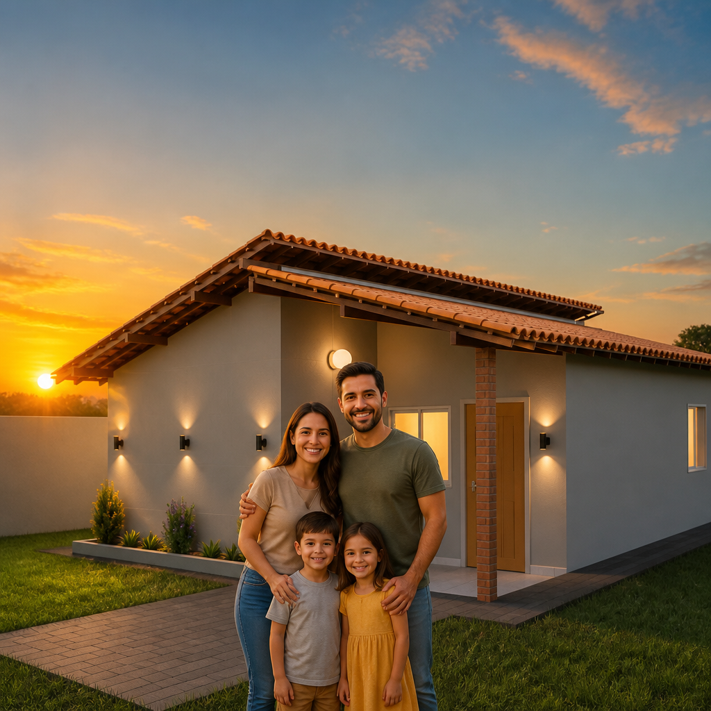 Família em frente à Casa Açucena, casa popular da Inovare, ao pôr do sol